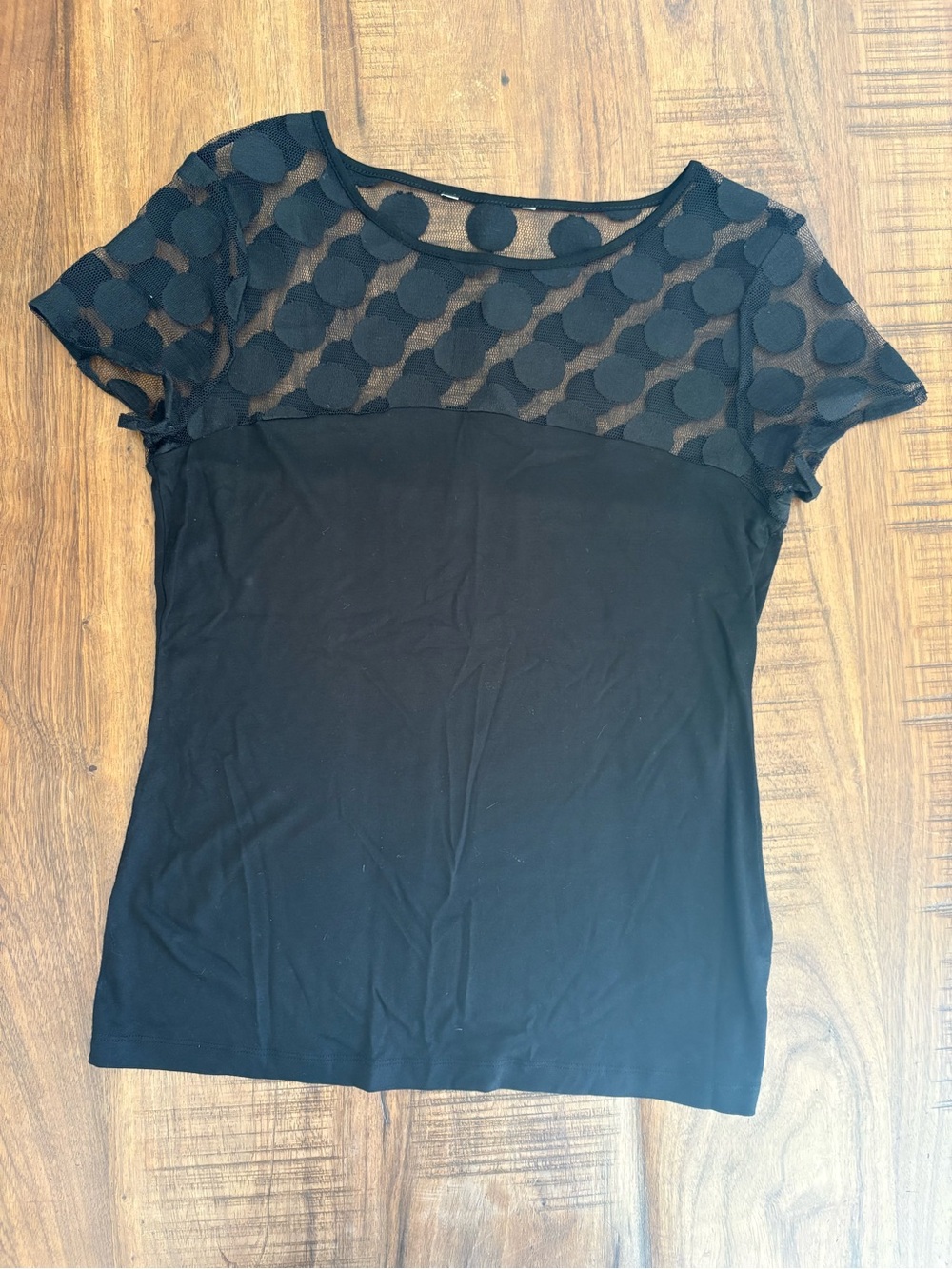 Women’s Black Short Sleeve Top with Sheer Dot Yoke M